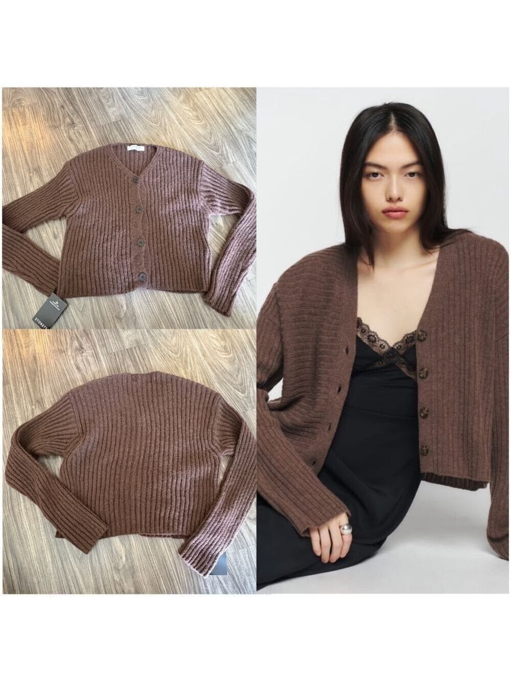 Storets New Womens Brown Ribbed Cardigan Long Sleeve Small